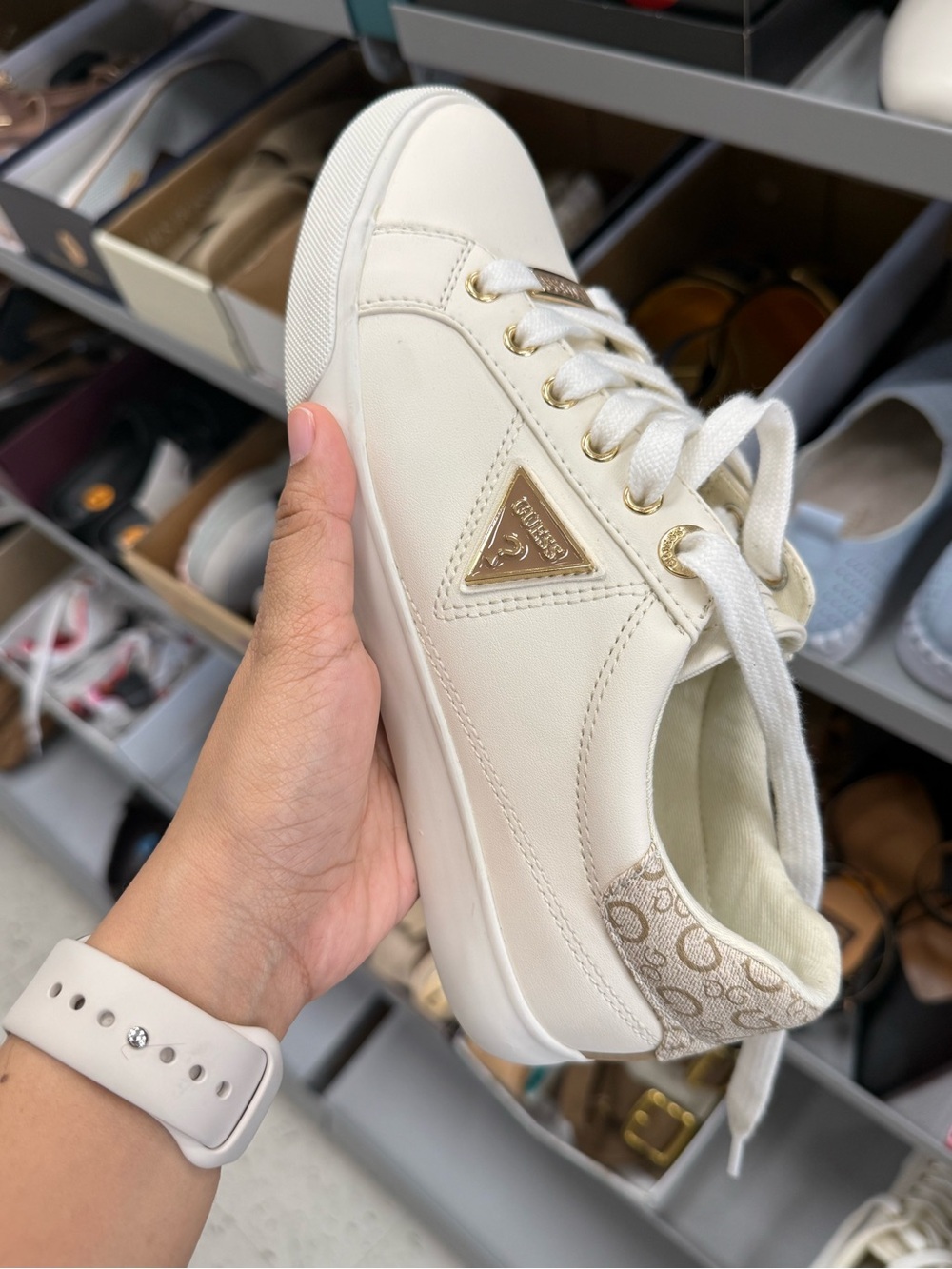 Guess Womens White Low-Top Casual Sneakers with Gold Accent